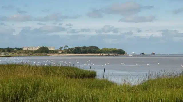 De carrelets en de versterkingswerken staan aan de oevers van Port-des-Barques.